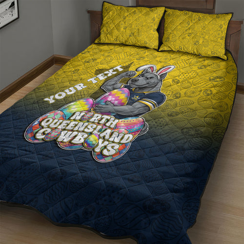 Personalized North Queensland Cowboys Quilt Bed Set Easter Mascot - Colorful Eggs Cartoon Style