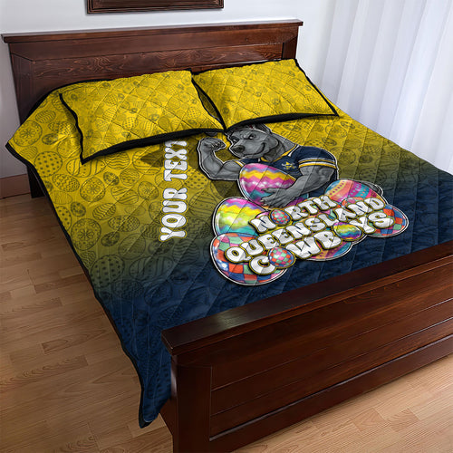 Personalized North Queensland Cowboys Quilt Bed Set Easter Mascot - Colorful Eggs Cartoon Style