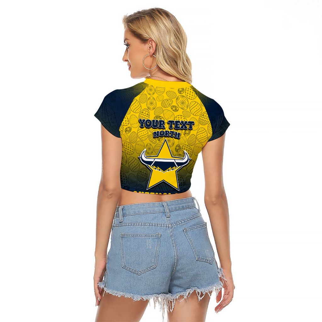 Personalized North Queensland Cowboys Raglan Cropped T Shirt Easter Mascot - Colorful Eggs Cartoon Style