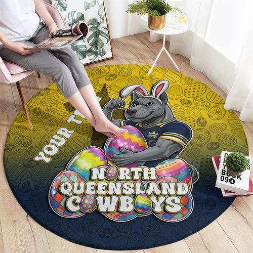 Personalized North Queensland Cowboys Round Carpet Easter Mascot - Colorful Eggs Cartoon Style