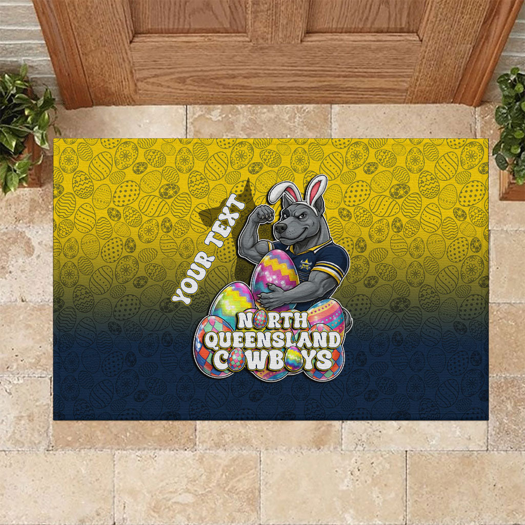 Personalized North Queensland Cowboys Rubber Doormat Easter Mascot - Colorful Eggs Cartoon Style