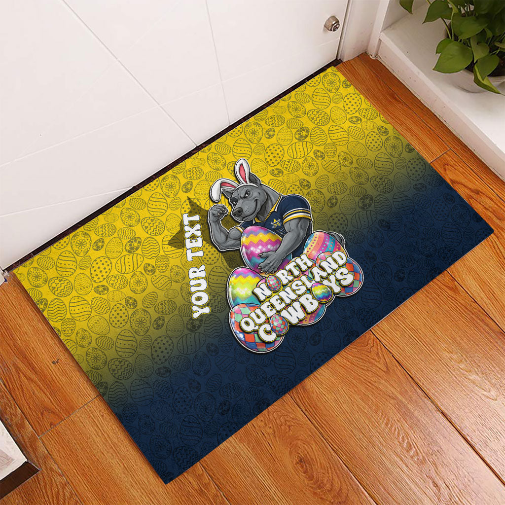 Personalized North Queensland Cowboys Rubber Doormat Easter Mascot - Colorful Eggs Cartoon Style