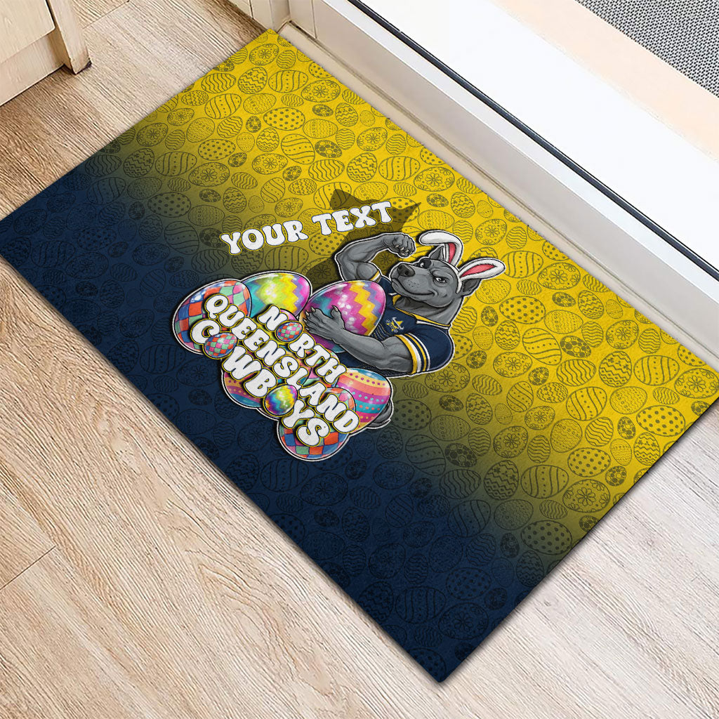 Personalized North Queensland Cowboys Rubber Doormat Easter Mascot - Colorful Eggs Cartoon Style