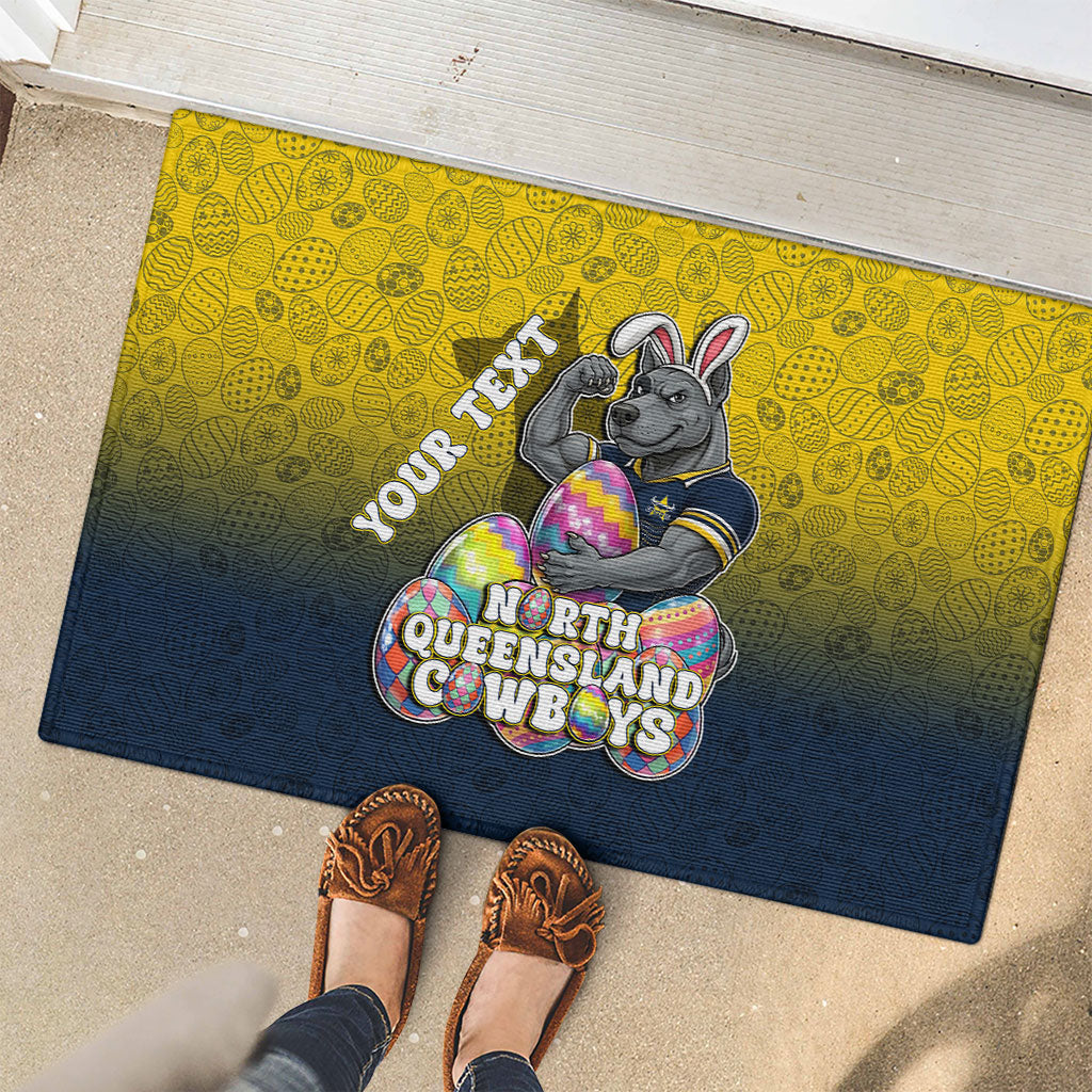 Personalized North Queensland Cowboys Rubber Doormat Easter Mascot - Colorful Eggs Cartoon Style