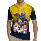 Personalized North Queensland Cowboys Rugby Jersey Easter Mascot - Colorful Eggs Cartoon Style