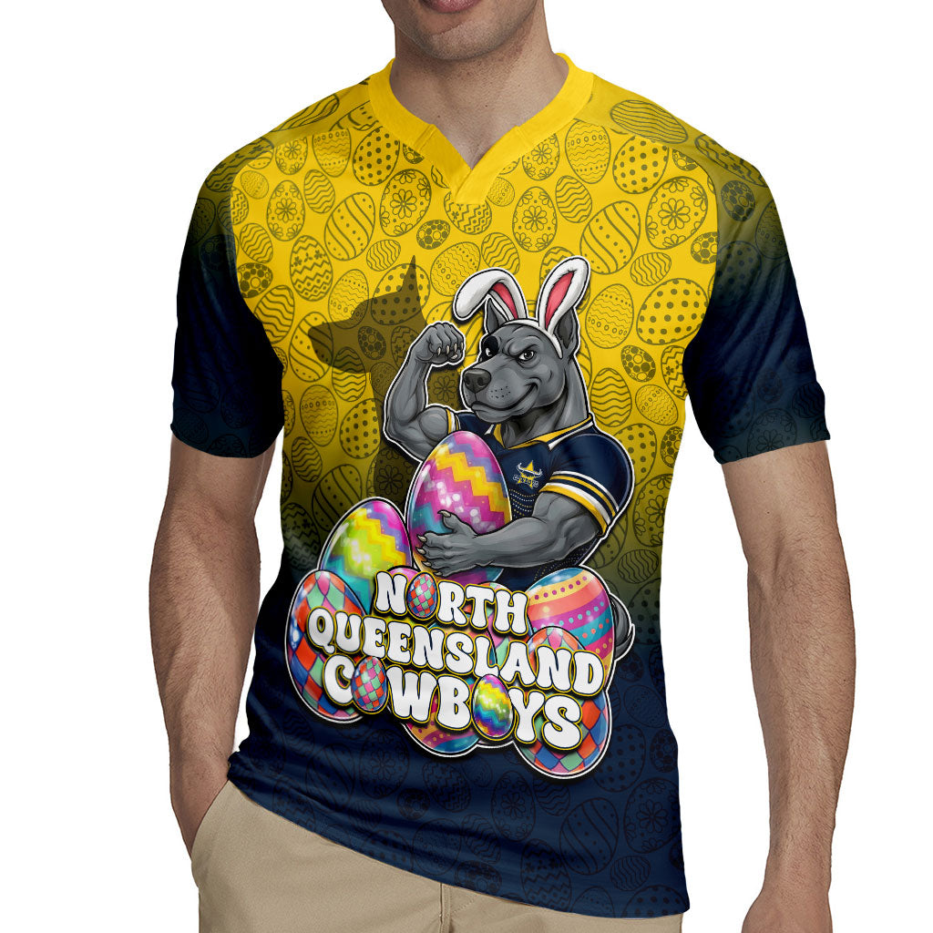 Personalized North Queensland Cowboys Rugby Jersey Easter Mascot - Colorful Eggs Cartoon Style