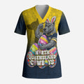 Personalized North Queensland Cowboys Scrub Top Easter Mascot - Colorful Eggs Cartoon Style