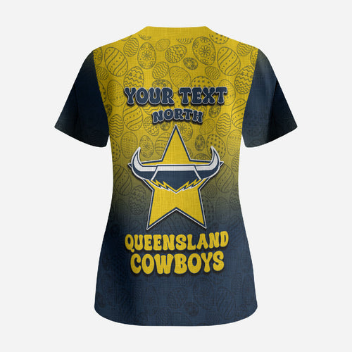 Personalized North Queensland Cowboys Scrub Top Easter Mascot - Colorful Eggs Cartoon Style