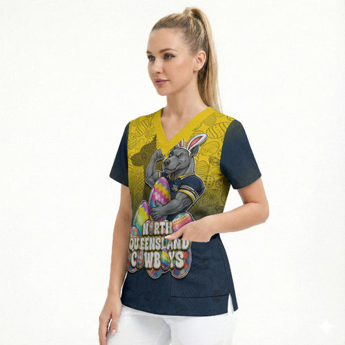 Personalized North Queensland Cowboys Scrub Top Easter Mascot - Colorful Eggs Cartoon Style