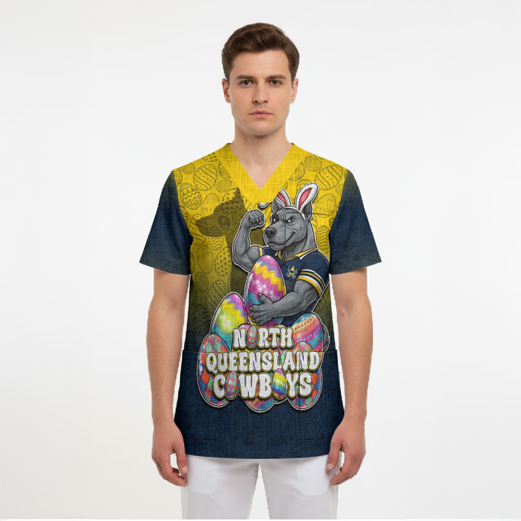 Personalized North Queensland Cowboys Scrub Top Easter Mascot - Colorful Eggs Cartoon Style