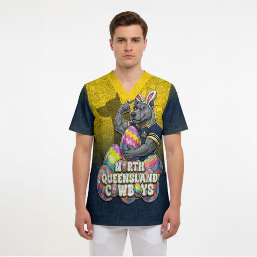 Personalized North Queensland Cowboys Scrub Top Easter Mascot - Colorful Eggs Cartoon Style
