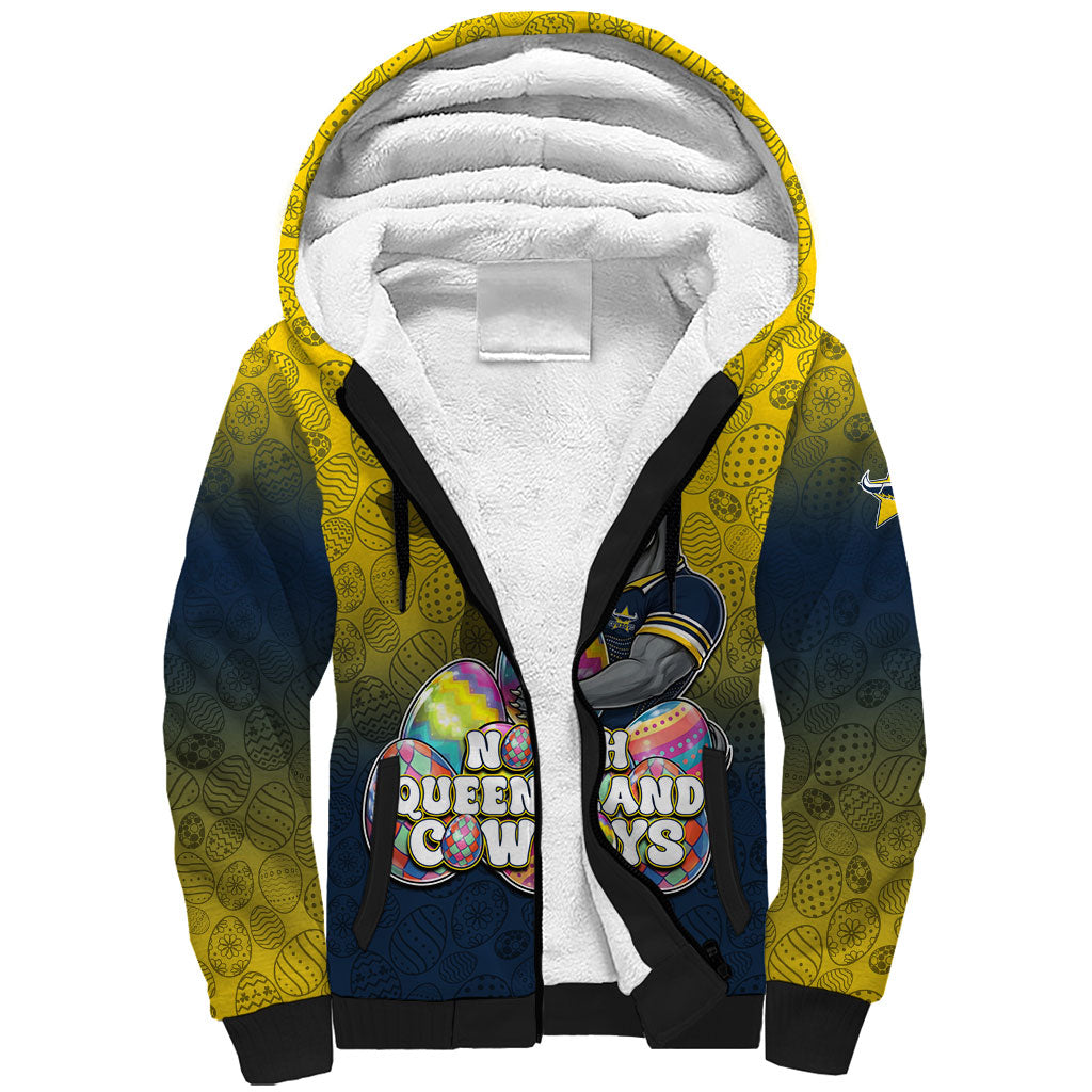Personalized North Queensland Cowboys Sherpa Hoodie Easter Mascot - Colorful Eggs Cartoon Style