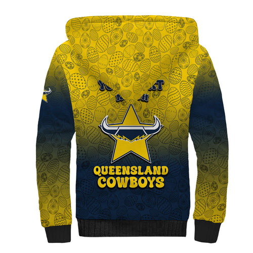 Personalized North Queensland Cowboys Sherpa Hoodie Easter Mascot - Colorful Eggs Cartoon Style