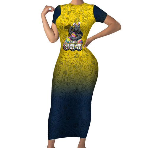 Personalized North Queensland Cowboys Short Sleeve Bodycon Dress Easter Mascot - Colorful Eggs Cartoon Style