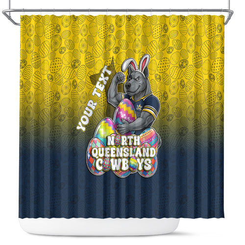 Personalized North Queensland Cowboys Shower Curtain Easter Mascot - Colorful Eggs Cartoon Style
