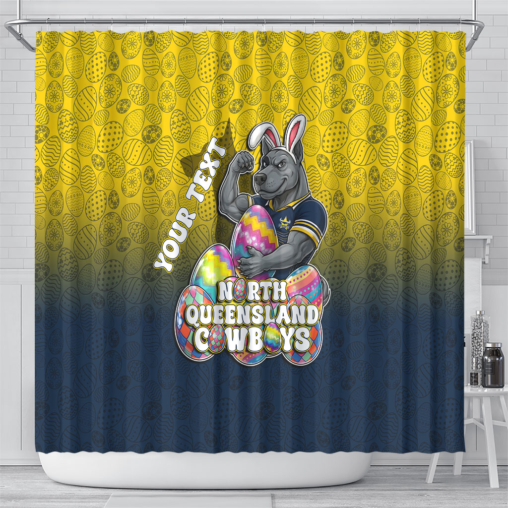 Personalized North Queensland Cowboys Shower Curtain Easter Mascot - Colorful Eggs Cartoon Style