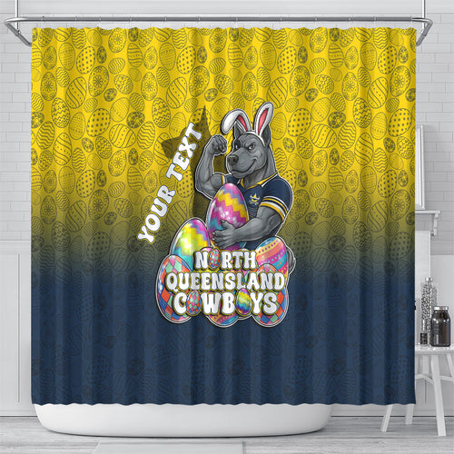 Personalized North Queensland Cowboys Shower Curtain Easter Mascot - Colorful Eggs Cartoon Style