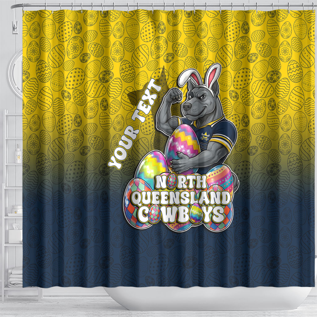 Personalized North Queensland Cowboys Shower Curtain Easter Mascot - Colorful Eggs Cartoon Style