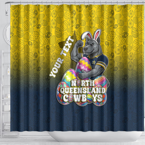Personalized North Queensland Cowboys Shower Curtain Easter Mascot - Colorful Eggs Cartoon Style