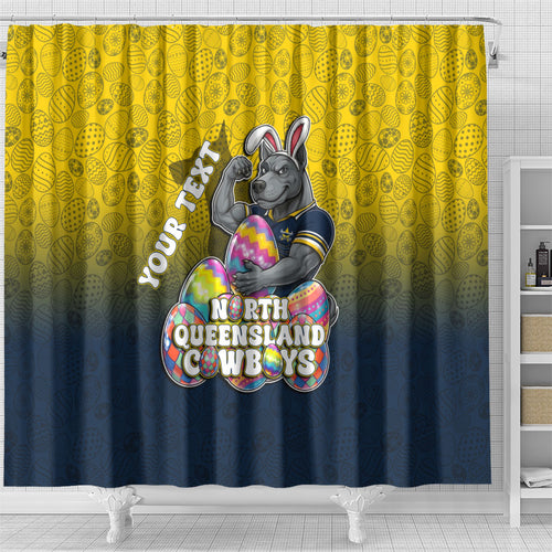 Personalized North Queensland Cowboys Shower Curtain Easter Mascot - Colorful Eggs Cartoon Style