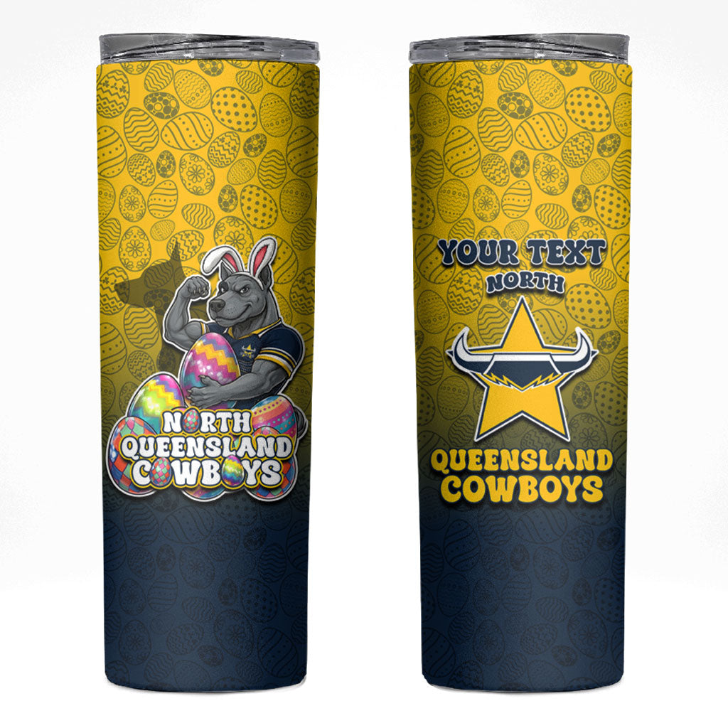 Personalized North Queensland Cowboys Skinny Tumbler Easter Mascot - Colorful Eggs Cartoon Style