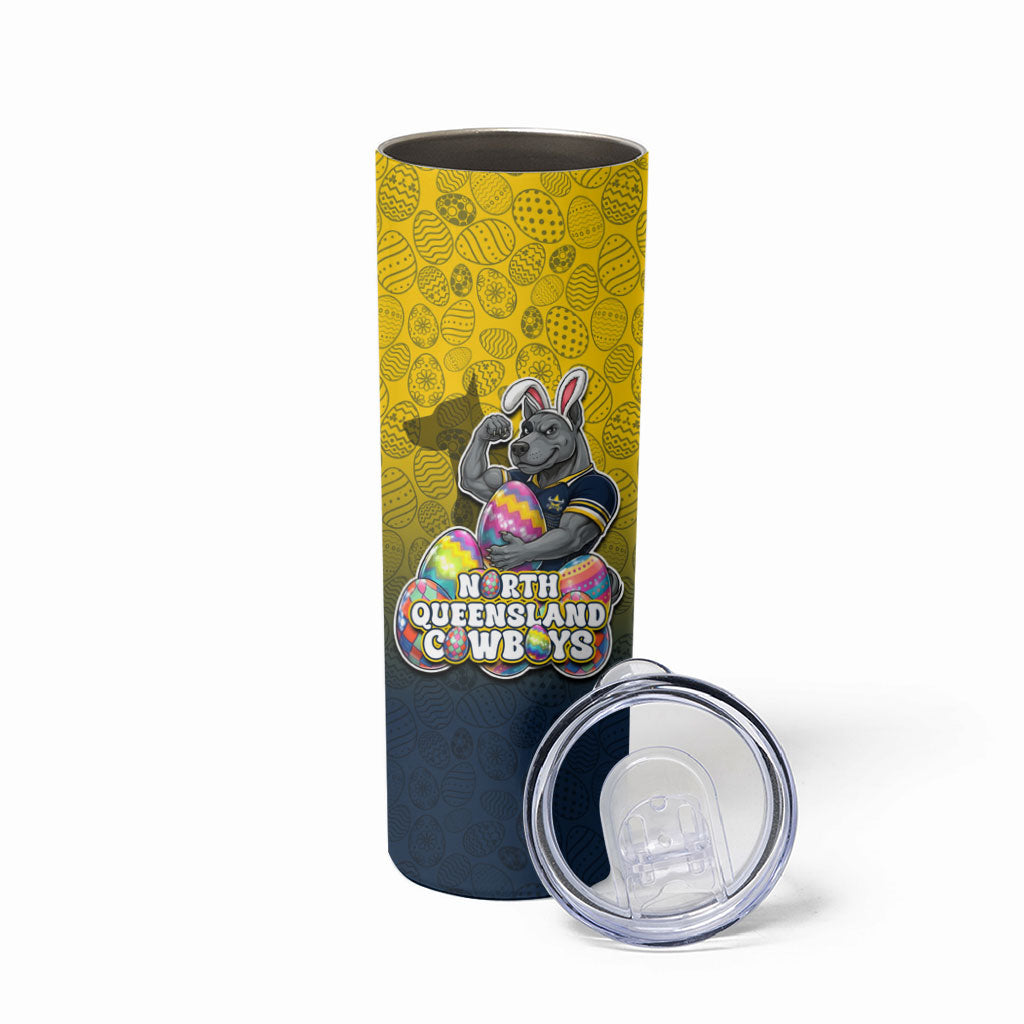 Personalized North Queensland Cowboys Skinny Tumbler Easter Mascot - Colorful Eggs Cartoon Style
