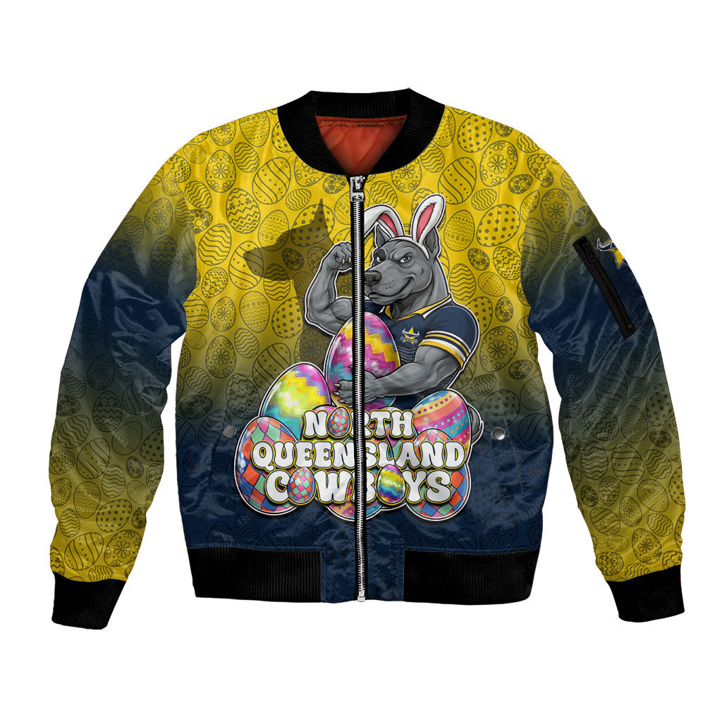Personalized North Queensland Cowboys Sleeve Zip Bomber Jacket Easter Mascot - Colorful Eggs Cartoon Style