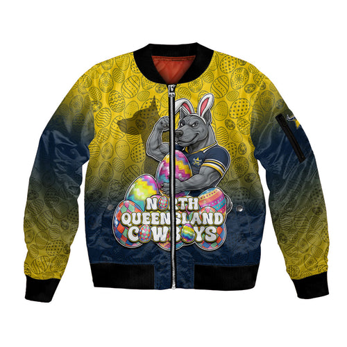 Personalized North Queensland Cowboys Sleeve Zip Bomber Jacket Easter Mascot - Colorful Eggs Cartoon Style