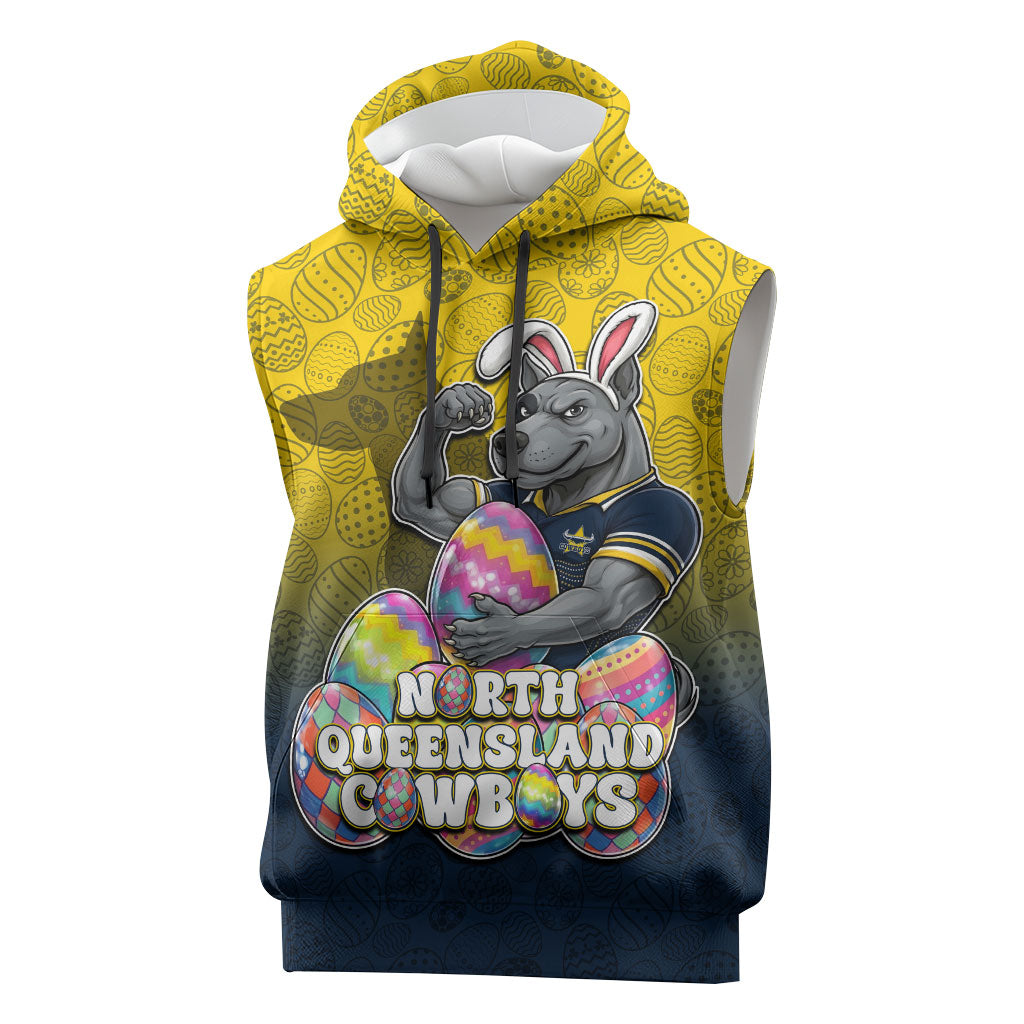 Personalized North Queensland Cowboys Sleeveless Hoodie Easter Mascot - Colorful Eggs Cartoon Style