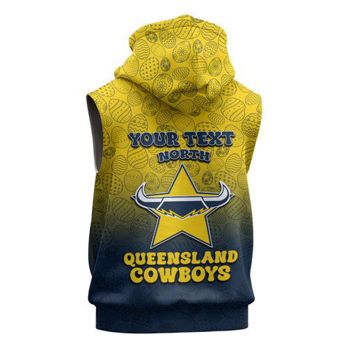 Personalized North Queensland Cowboys Sleeveless Hoodie Easter Mascot - Colorful Eggs Cartoon Style