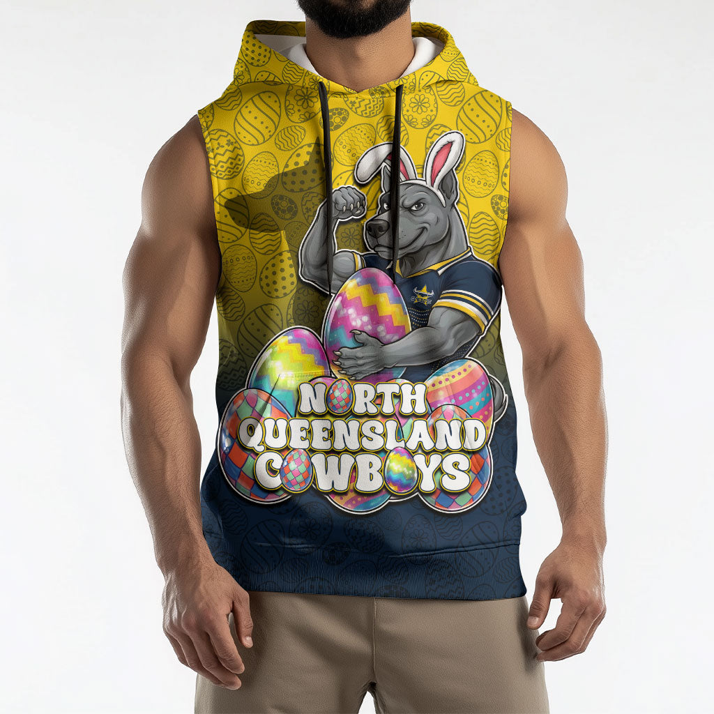 Personalized North Queensland Cowboys Sleeveless Hoodie Easter Mascot - Colorful Eggs Cartoon Style