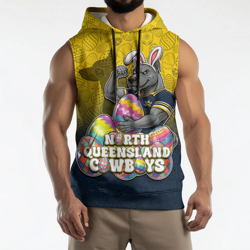 Personalized North Queensland Cowboys Sleeveless Hoodie Easter Mascot - Colorful Eggs Cartoon Style