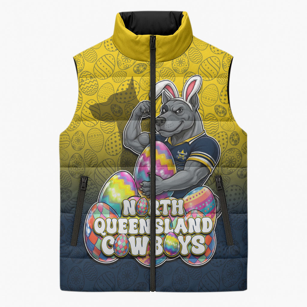 Personalized North Queensland Cowboys Sleeveless Puffer Jacket Easter Mascot - Colorful Eggs Cartoon Style