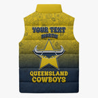 Personalized North Queensland Cowboys Sleeveless Puffer Jacket Easter Mascot - Colorful Eggs Cartoon Style