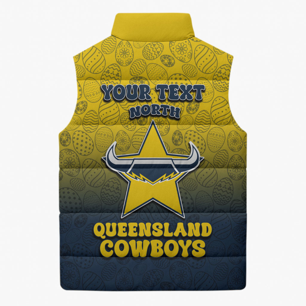 Personalized North Queensland Cowboys Sleeveless Puffer Jacket Easter Mascot - Colorful Eggs Cartoon Style