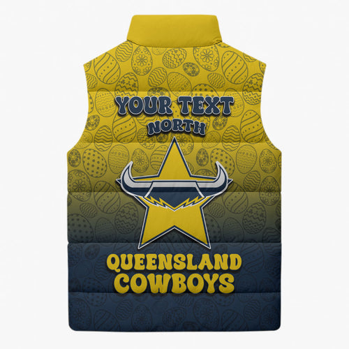 Personalized North Queensland Cowboys Sleeveless Puffer Jacket Easter Mascot - Colorful Eggs Cartoon Style