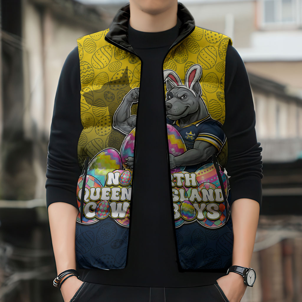Personalized North Queensland Cowboys Sleeveless Puffer Jacket Easter Mascot - Colorful Eggs Cartoon Style