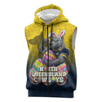 Personalized North Queensland Cowboys Sleeveless Zip Hoodie Easter Mascot - Colorful Eggs Cartoon Style