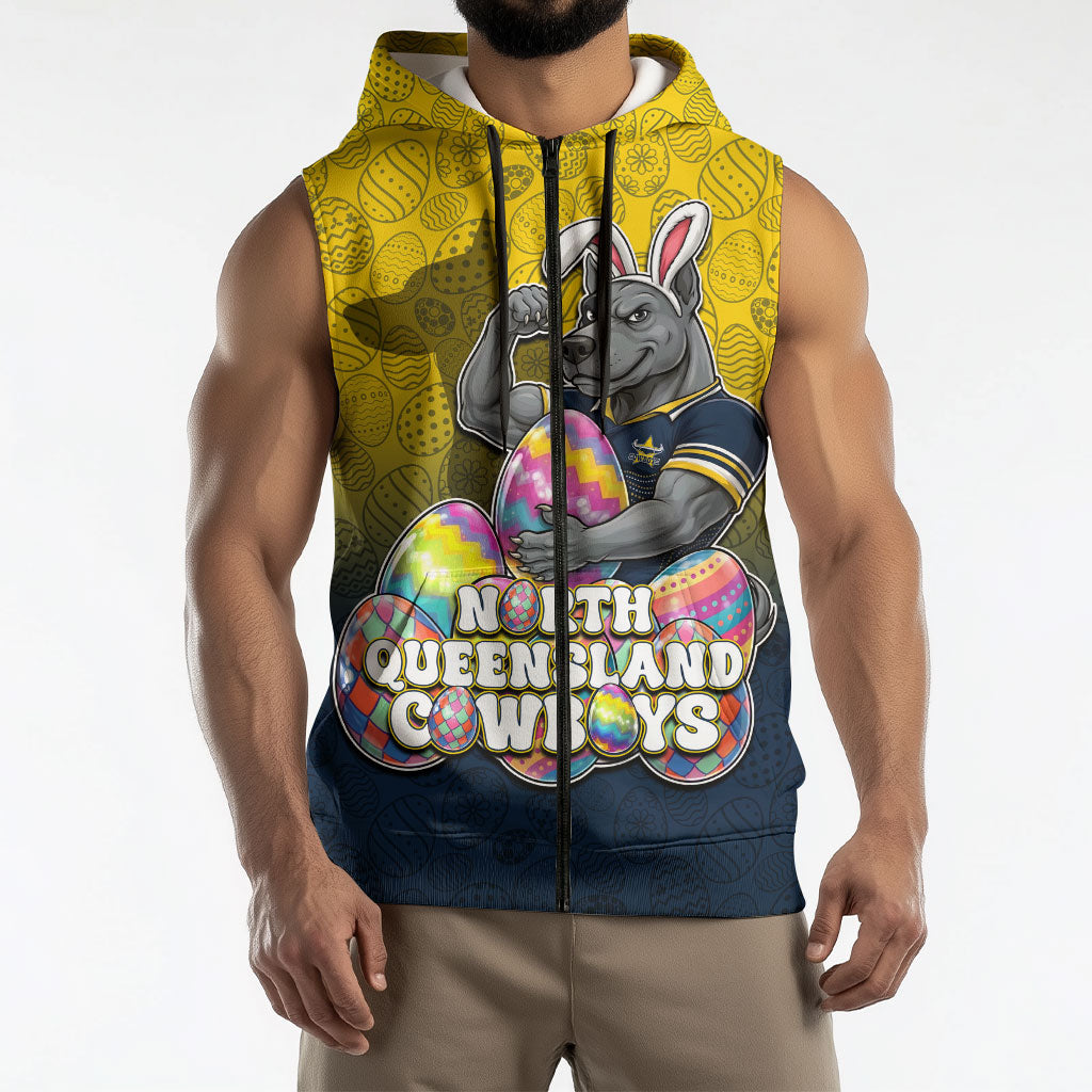 Personalized North Queensland Cowboys Sleeveless Zip Hoodie Easter Mascot - Colorful Eggs Cartoon Style