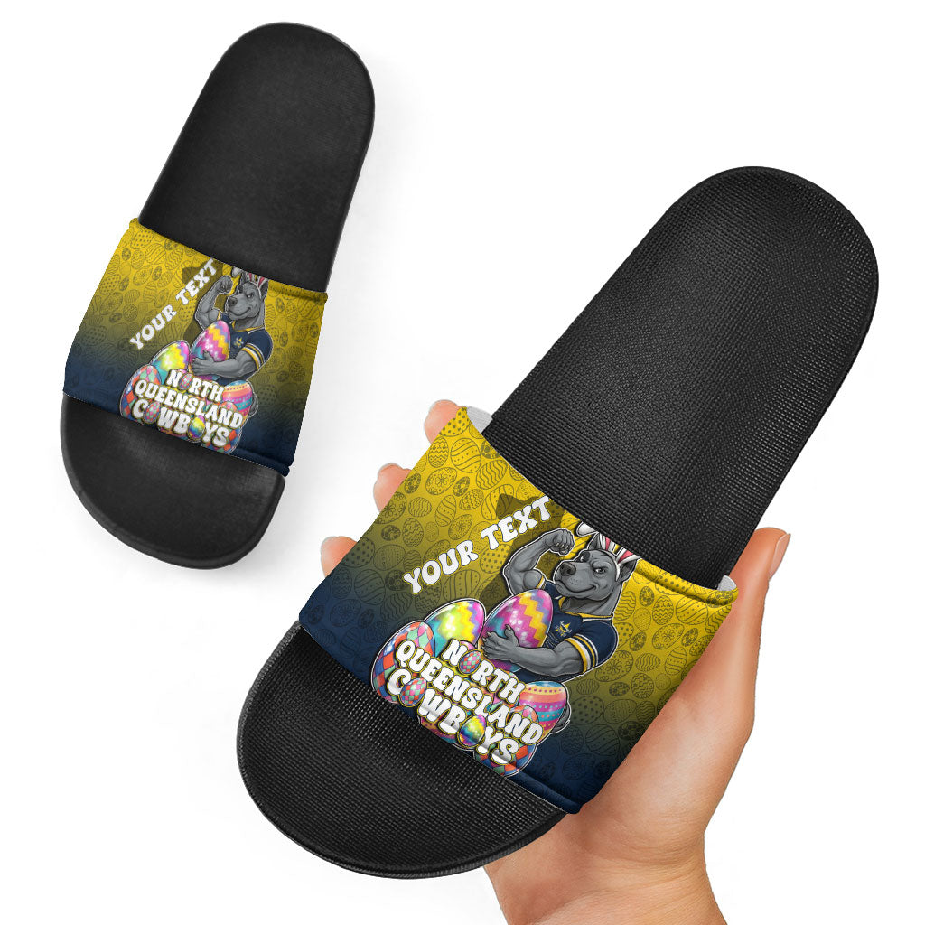Personalized North Queensland Cowboys Slide Sandals Easter Mascot - Colorful Eggs Cartoon Style
