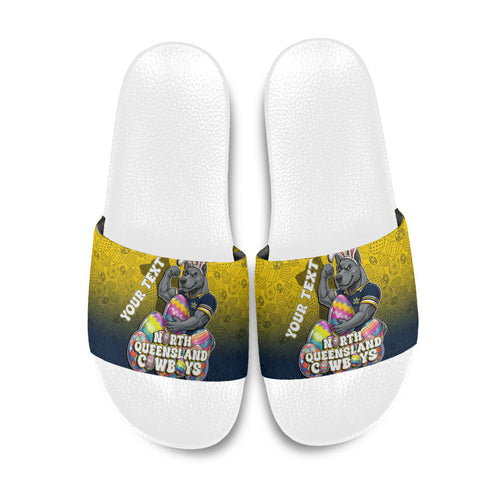 Personalized North Queensland Cowboys Slide Sandals Easter Mascot - Colorful Eggs Cartoon Style