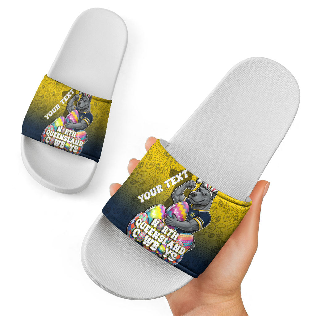 Personalized North Queensland Cowboys Slide Sandals Easter Mascot - Colorful Eggs Cartoon Style