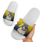 Personalized North Queensland Cowboys Slide Sandals Easter Mascot - Colorful Eggs Cartoon Style