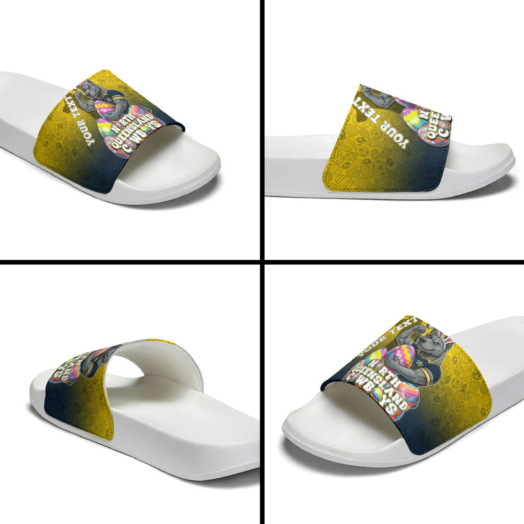Personalized North Queensland Cowboys Slide Sandals Easter Mascot - Colorful Eggs Cartoon Style