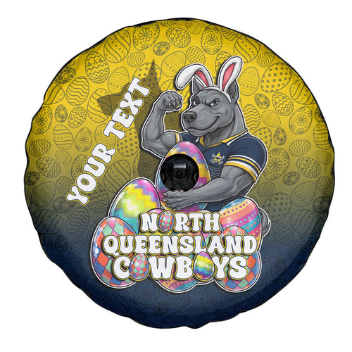 Personalized North Queensland Cowboys Spare Tire Cover Easter Mascot - Colorful Eggs Cartoon Style