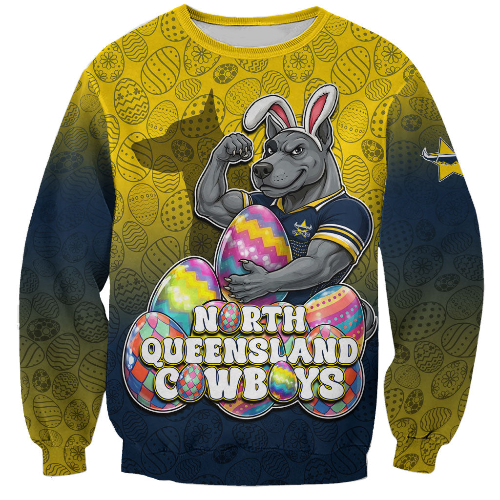 Personalized North Queensland Cowboys Sweatshirt Easter Mascot - Colorful Eggs Cartoon Style