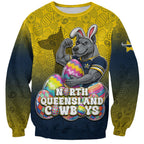 Personalized North Queensland Cowboys Sweatshirt Easter Mascot - Colorful Eggs Cartoon Style