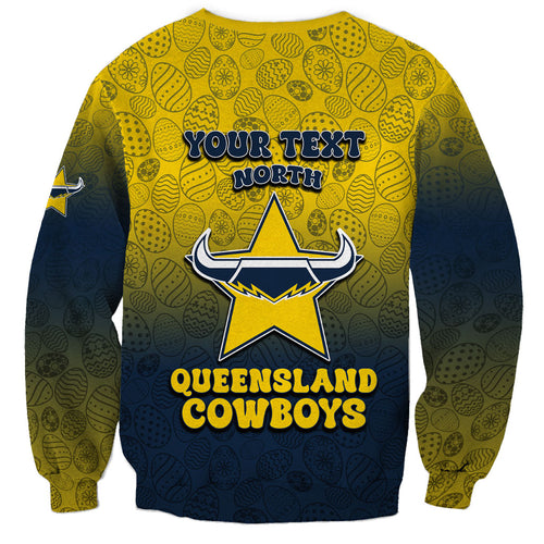 Personalized North Queensland Cowboys Sweatshirt Easter Mascot - Colorful Eggs Cartoon Style