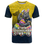 Personalized North Queensland Cowboys T Shirt Easter Mascot - Colorful Eggs Cartoon Style