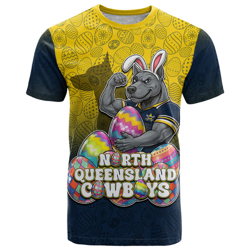 Personalized North Queensland Cowboys T Shirt Easter Mascot - Colorful Eggs Cartoon Style